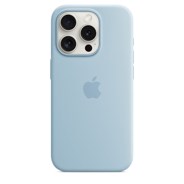 iPhone 15 Pro Silicone Case with MagSafe in light blue, smooth finish, precise cutouts, modern design. Available now at TaMiMi Projects in Qatar