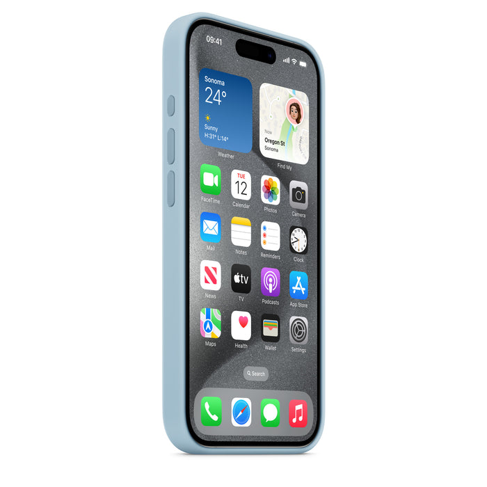 iPhone 15 Pro Silicone Case with MagSafe in light blue, smooth finish, precise cutouts, modern design. Available now at TaMiMi Projects in Qatar