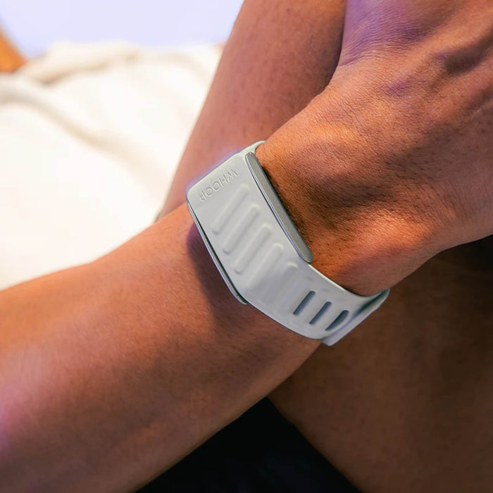 Close-up image of the Whoop 4.0 SportFlex Band in Blur color, highlighting its durable soft-touch silicone material and adjustable closure system, designed for high-performance and everyday comfort.