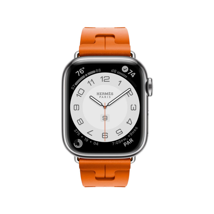 Apple Watch Hermès S9 with stainless steel case and orange Kilim Single Tour band, 41mm, available at TaMiMi Projects in Qatar.