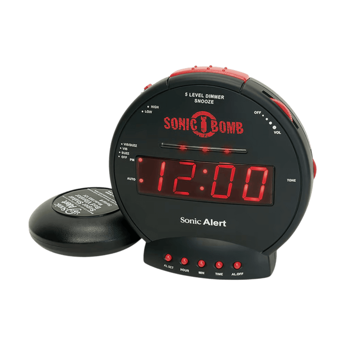 Sonic Bomb alarm clock with super shaker, loud sound, and vibration, perfect for heavy sleepers from TaMiMi Projects in Qatar.