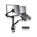 Black dual-arm desk mount with a monitor holder and a laptop holder, made of high-quality aluminum alloy, from TaMiMi Projects.