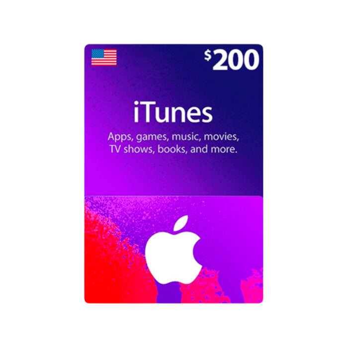 iTunes Gift Card - $200 USD, perfect for purchasing apps, music, movies, and subscriptions, available at TaMiMi Projects in Qatar.