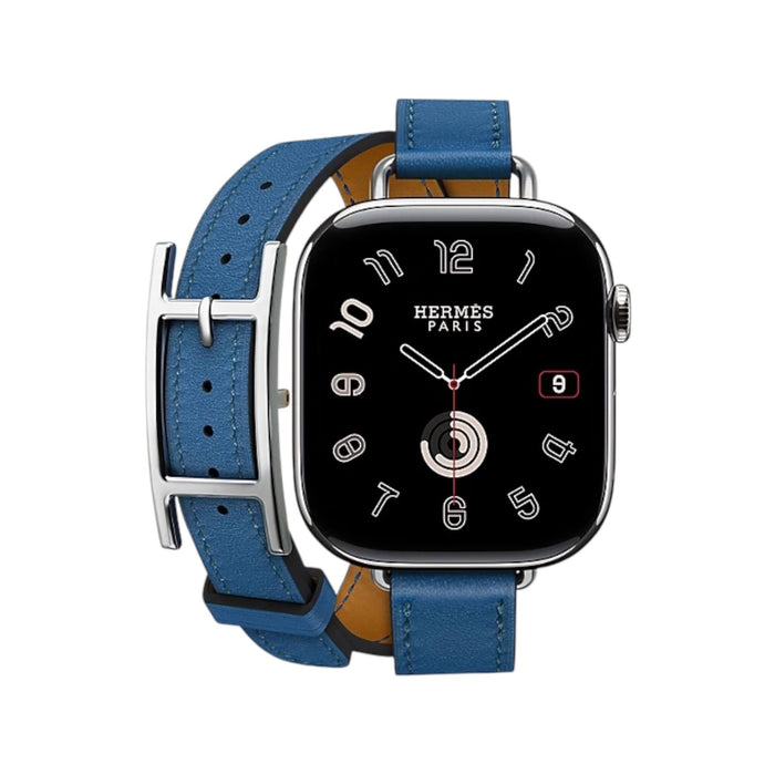 Apple Watch Hermès Double Tour 42mm Hapi Attelage bracelet in Bleu de France leather, elegant design, at TaMiMi Projects in Qatar.