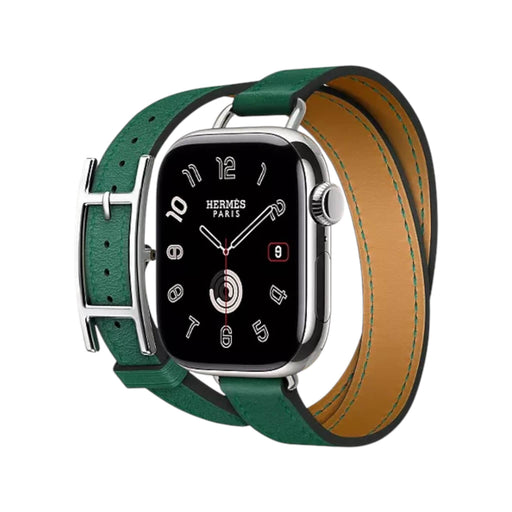 Apple Watch Hermès Double Tour 42mm Hapi Attelage bracelet in Vert Moyen leather, elegant design, at TaMiMi Projects in Qatar.