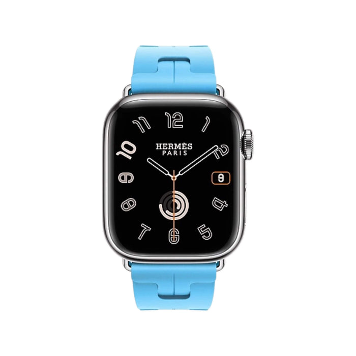 Apple Watch Hermès 42mm in Silver Titanium with Bleu Céleste Kilim Single Tour strap, elegant and sleek, at TaMiMi Projects in Qatar.