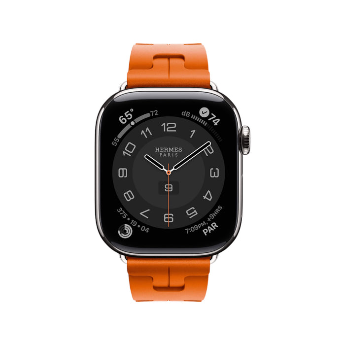 Apple Watch Hermès S10, 42mm silver titanium with Orange Kilim band, combining luxury and vibrant style in Qatar from TaMiMi Projects.