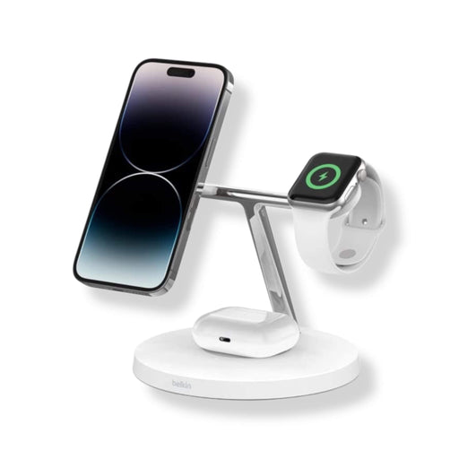 3-in-1 wireless charger with MagSafe, provides fast charging for multiple devices, available at TaMiMi Projects in Qatar.