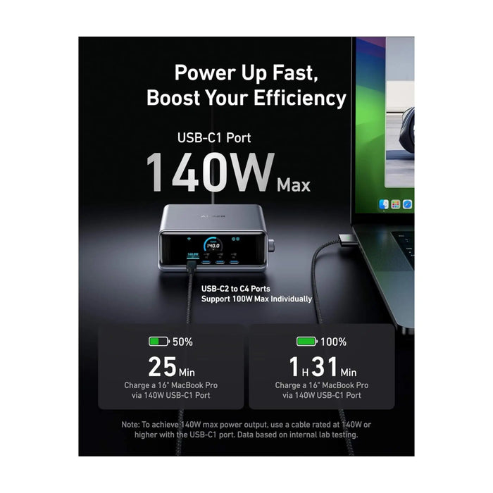 Anker Prime 250W GaN 6-Port Charger with LCD display, ideal for fast charging MacBook, iPhone, and more - TaMiMi Projects Qatar.