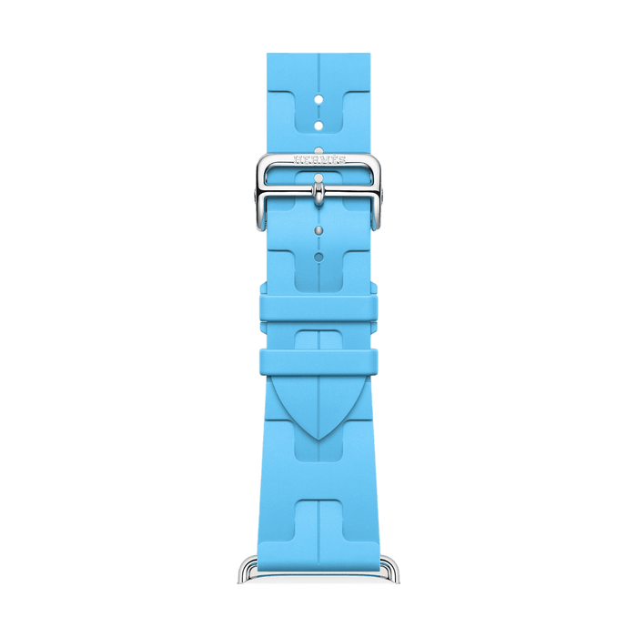 ‫ساعة Apple Watch Hermès مقاس 42 مم، إطار من التيتانيوم الفضي مع حزام Bleu Céleste Kilim Single Tour، أنيقة وعصرية، متوفرة لدى تميمي بروجكتس في قطر.‬
