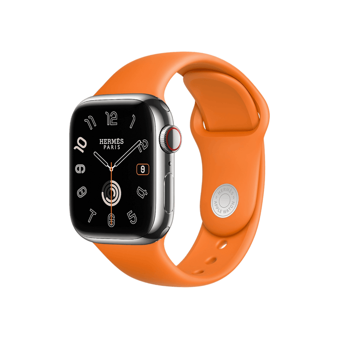 Apple Watch Hermès S9 with stainless steel case, orange Kilim Single Tour band, 41mm, sold at TaMiMi Projects, Qatar.