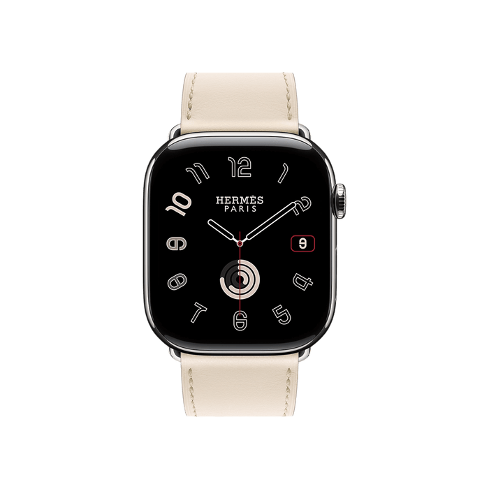 Apple Watch Hermès Series 10, 46mm Silver Titanium with Beton Single Tour Band, luxury design, available at TaMiMi Projects in Qatar.