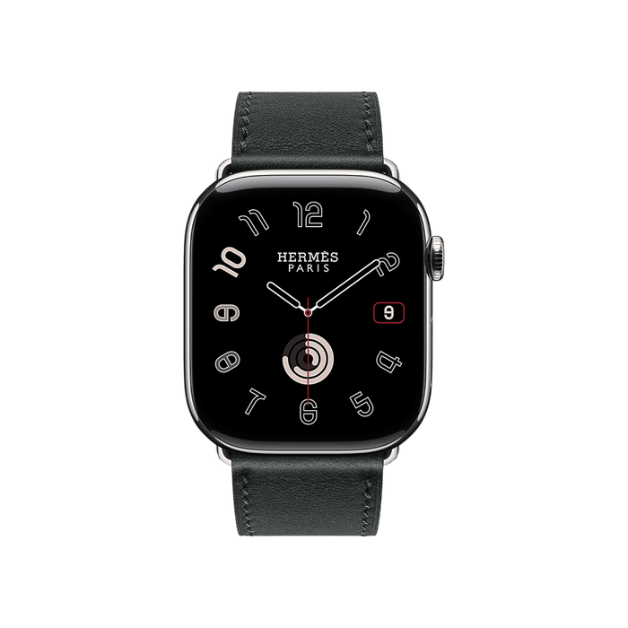 Apple Watch Hermès Series 10, 46mm Silver Titanium with Noir Single Tour Band, elegant and luxurious, available at TaMiMi Projects in Qatar.