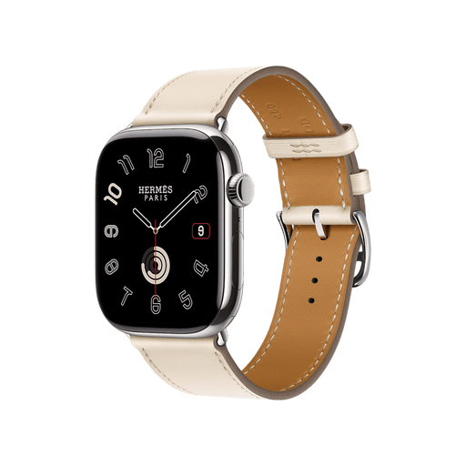 Apple Watch Hermès Series 10, 46mm Silver Titanium with Beton Single Tour Band, luxury design, available at TaMiMi Projects in Qatar.