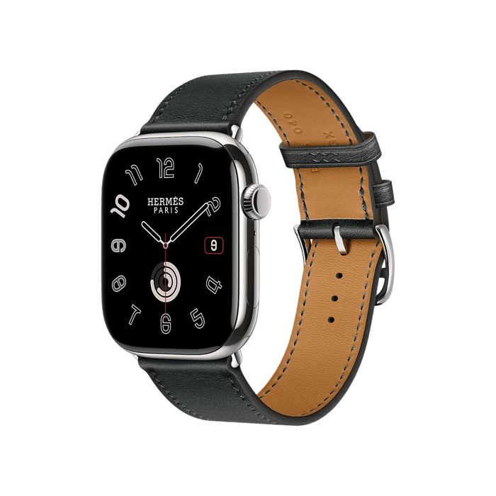 Apple Watch Hermès Series 10, 46mm Silver Titanium with Noir Single Tour Band, elegant and luxurious, available at TaMiMi Projects in Qatar.