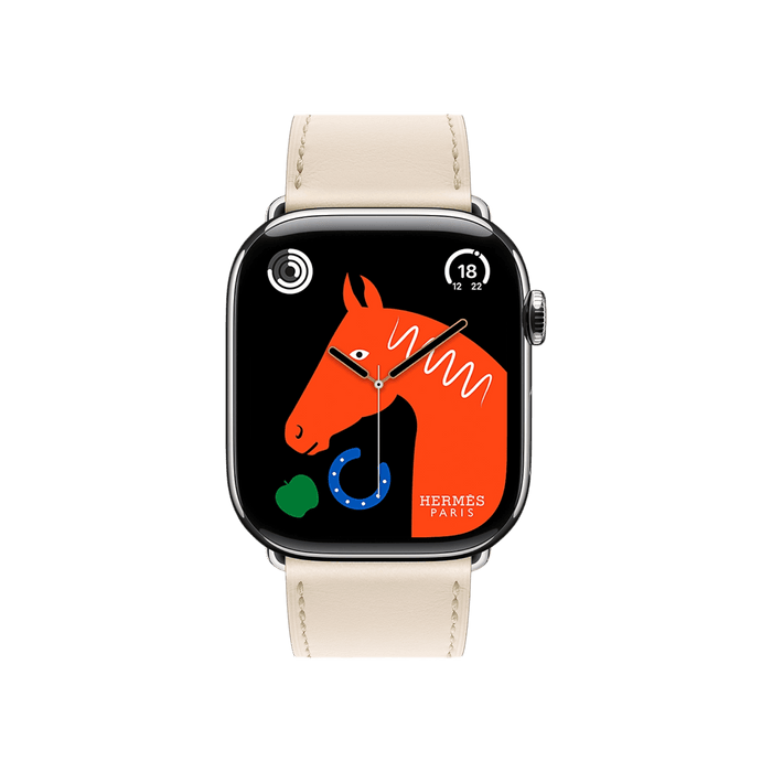 Apple Watch Hermès Series 10, 46mm Silver Titanium with Beton Single Tour Band, luxury design, available at TaMiMi Projects in Qatar.