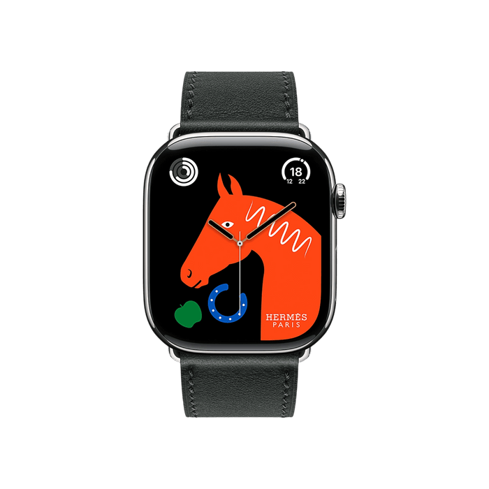 Apple Watch Hermès Series 10, 46mm Silver Titanium with Noir Single Tour Band, elegant and luxurious, available at TaMiMi Projects in Qatar.