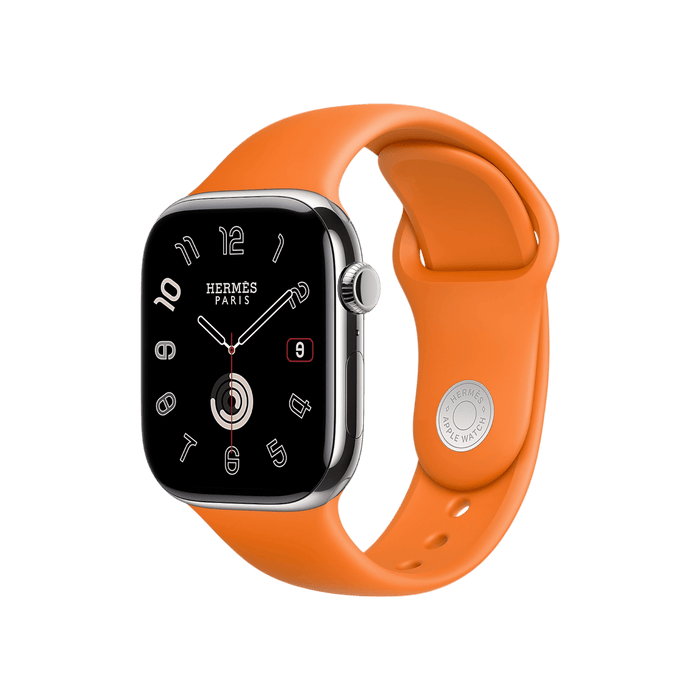 Apple Watch Hermès Series 10, 46mm Silver Titanium with Beton Single Tour Band, luxury design, available at TaMiMi Projects in Qatar.