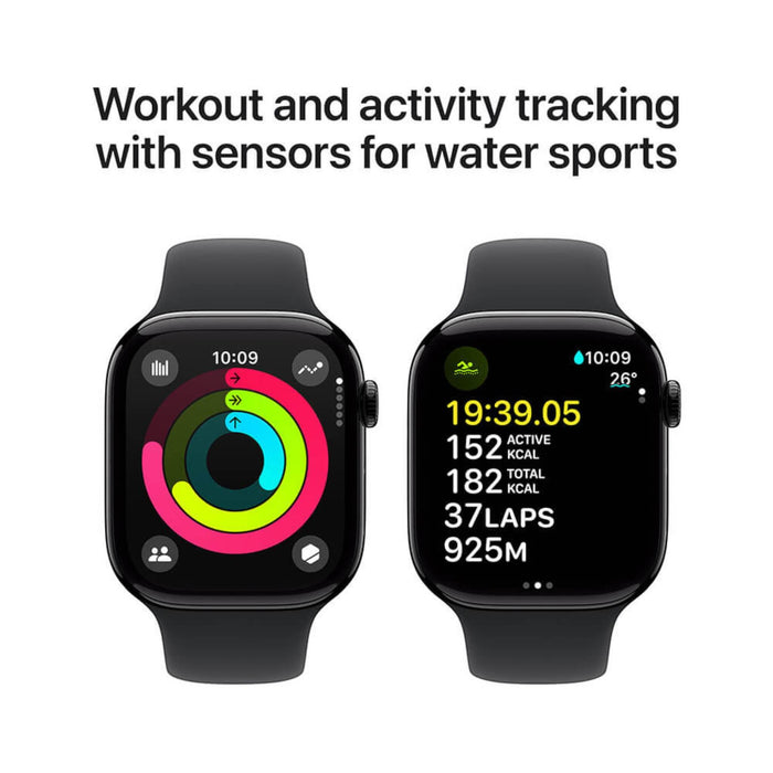 Apple Watch S10 GPS 46mm Jet Black Aluminium with Black Sport Band, durable and stylish. TaMiMi Projects in Qatar.