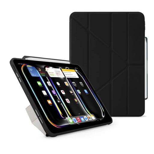 Black Pipetto Origami iPad Pro 11-inch 2024 case with a transparent back and 5-way folding cover. Features a slot for storing and charging the Apple Pencil. Available at TaMiMi Projects in Qatar.
