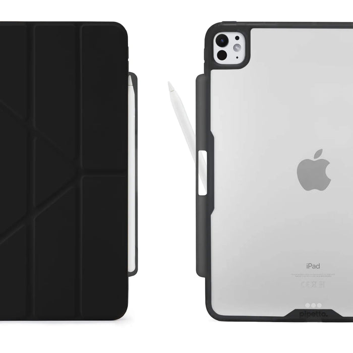 Pipetto Origami iPad Pro 11-inch 2024 case in black with a clear back, 5-position foldable cover, and integrated Apple Pencil holder. Available at TaMiMi Projects in Qatar.