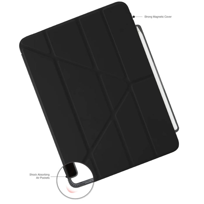 Black Pipetto Origami iPad Pro 11-inch 2024 case with a transparent back, 5-way folding cover, and Apple Pencil storage. Get it at TaMiMi Projects in Qatar at the best prices.