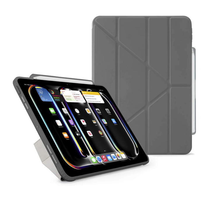 Grey Pipetto Origami iPad Pro 13-inch 2024 case with a transparent back and 5-way folding cover. Features a slot for storing and charging the Apple Pencil. Available at TaMiMi Projects in Qatar.