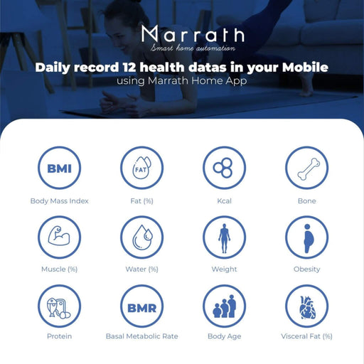 Smart WiFi body fat scale measuring 12 health metrics with Marrath app sync - Available at TaMiMi Projects in Qatar.