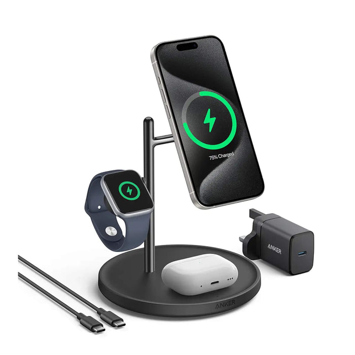 15W 3-in-1 wireless charger for iPhone, Apple Watch, AirPods, with ActiveShield safety - TaMiMi Projects in Qatar.