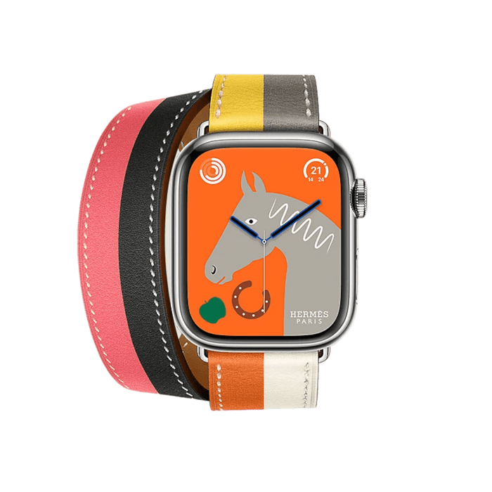 Hermès Apple Watch Band 41mm - Orange/Blanc Double Tour, stylish double-wrap leather band for 41mm Apple Watch. TaMiMi Projects, Qatar.