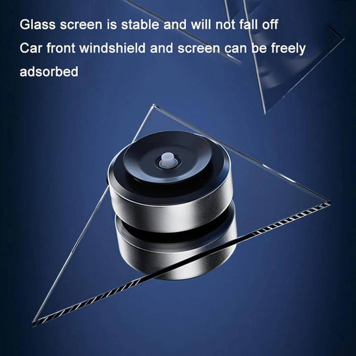 Image of a Magnetic Suction Phone Mount featuring strong vacuum grip and 360-degree rotation capabilities, designed to adhere to smooth surfaces like glass and mirrors, providing stability and security for the phone during driving.