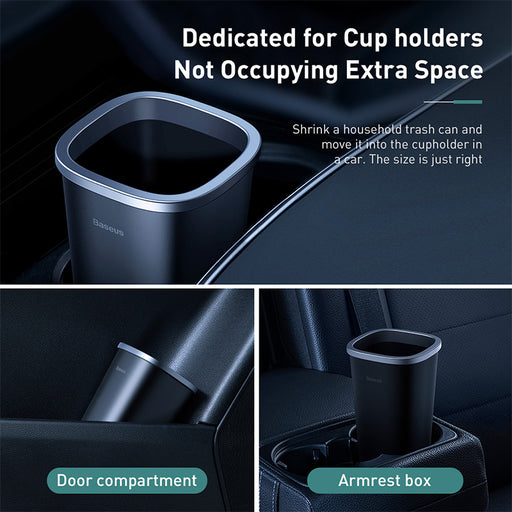 Baseus car cup trash bin with 90 free bags, fits in cup holders, perfect for small waste. Available at TaMiMi Projects, Qatar.